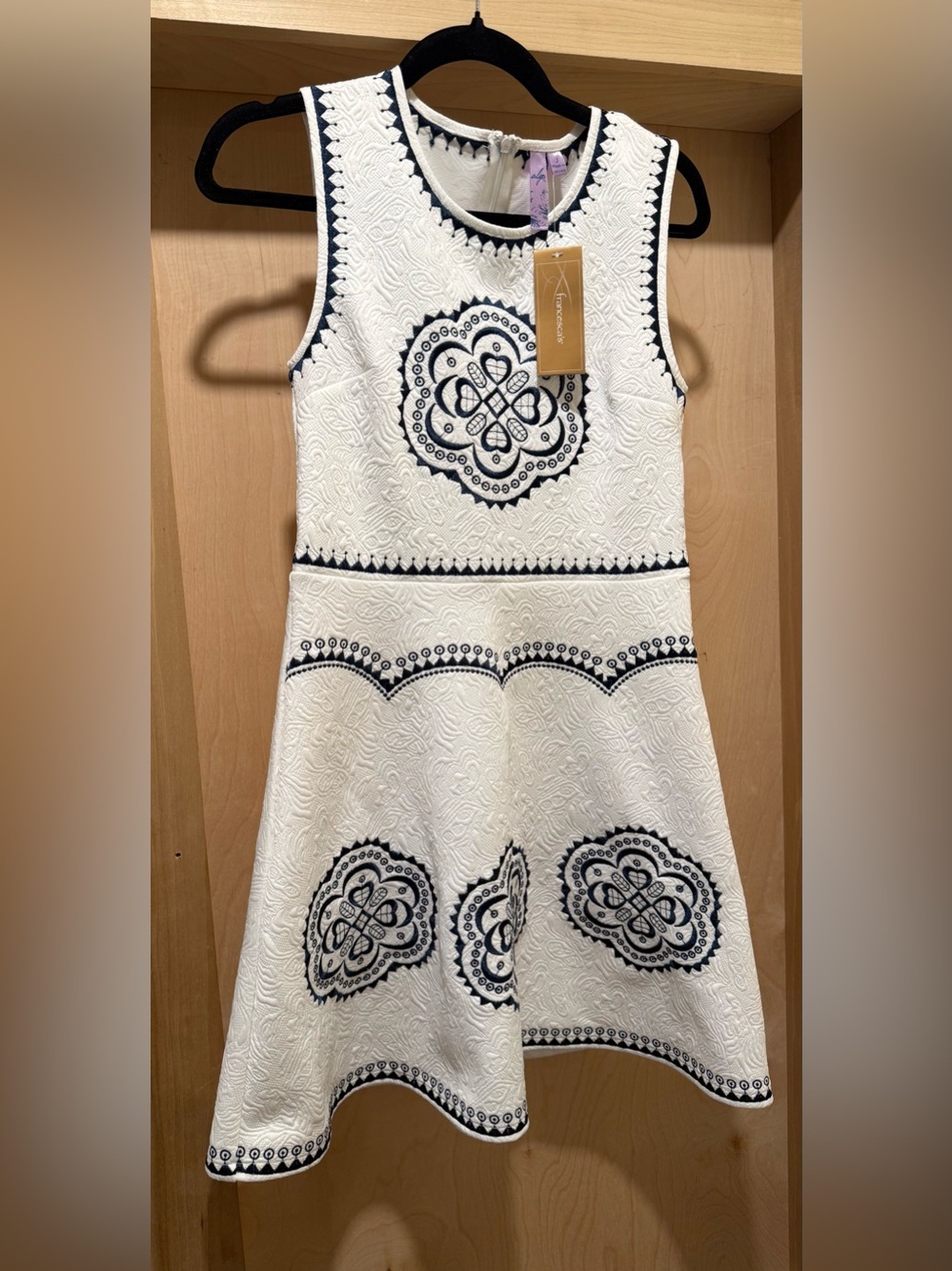 Alyx White Dress with Navy Embroidered Motifs Size Small New